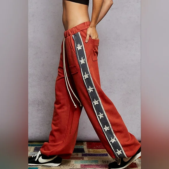 ​POL Star Patchwork Track Suit Set - Rust Red Orange Zip Jacket & Wide Leg